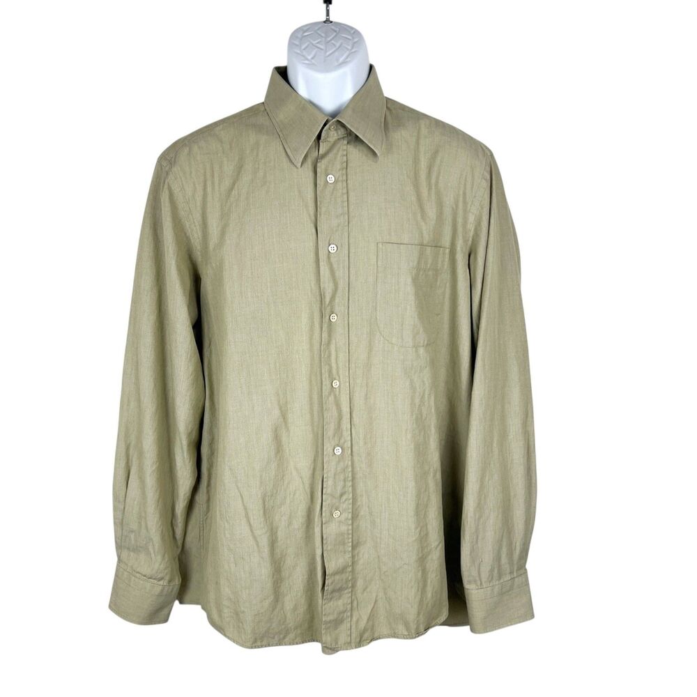 BOSS Hugo Boss Button Down Shirt Men 17 Neck Beige Long Sleeve Dress Shirt